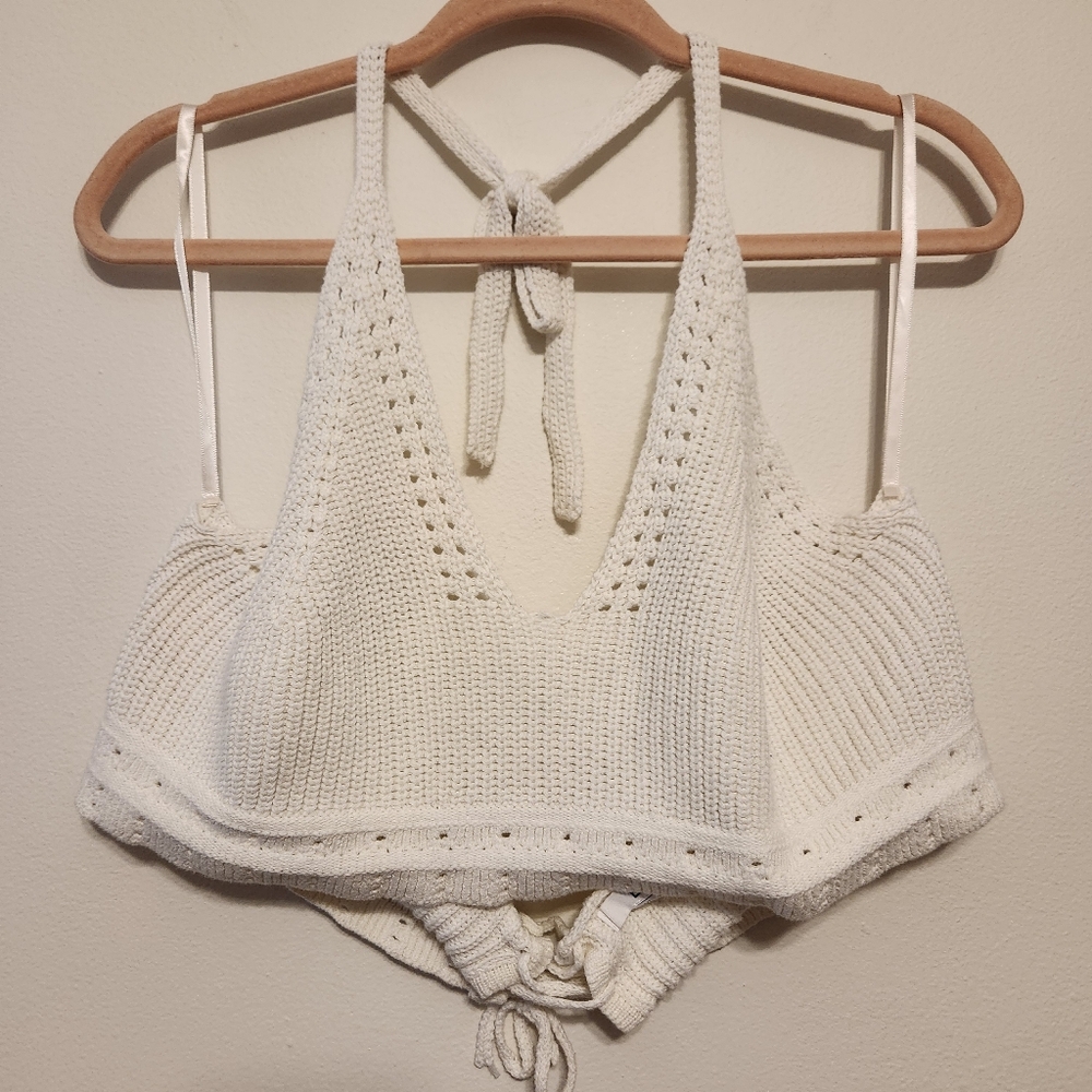 bp White Crochet Knit Halter Crop Top